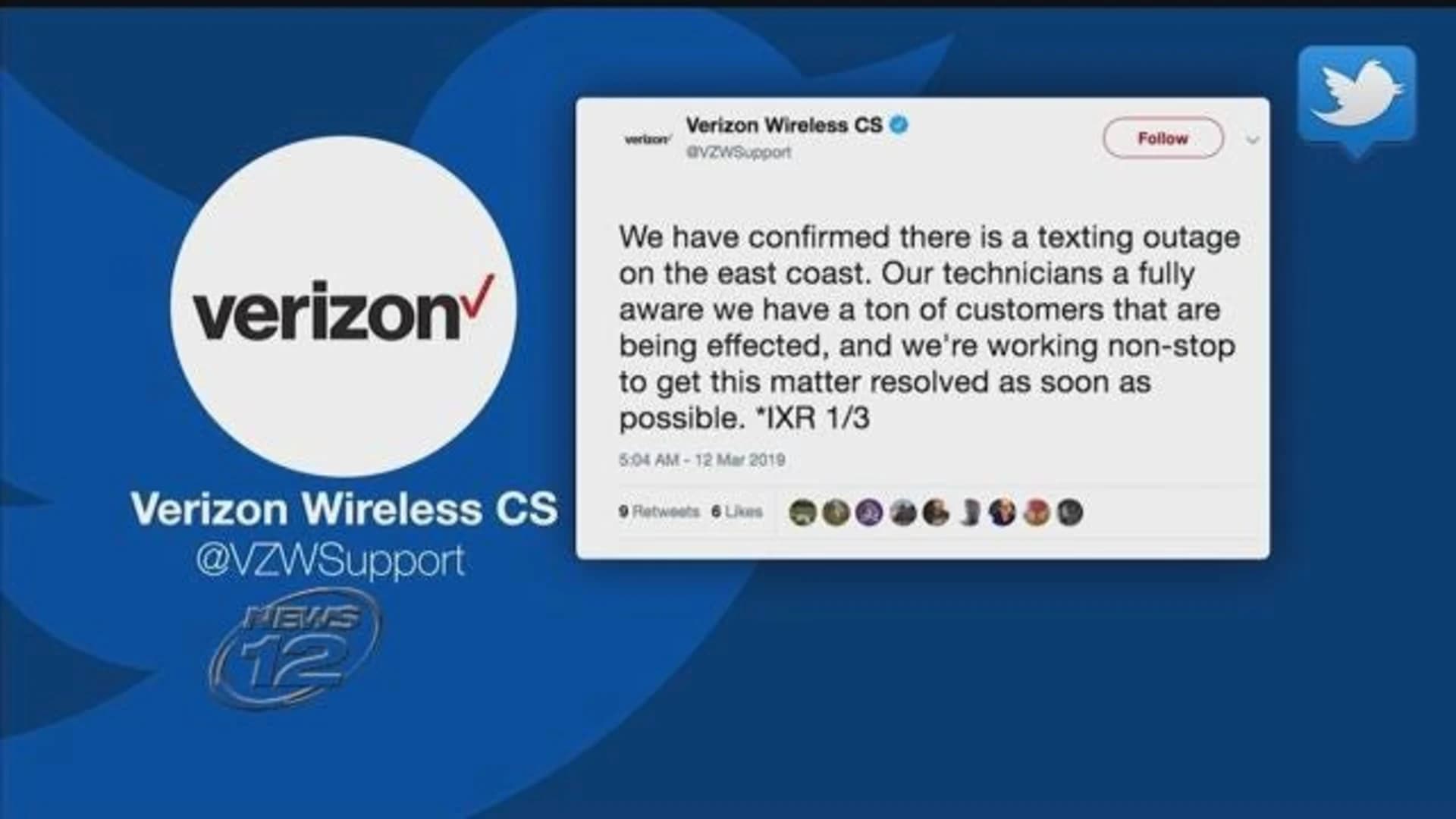 Verizon reports texting service repaired after East Coast outage