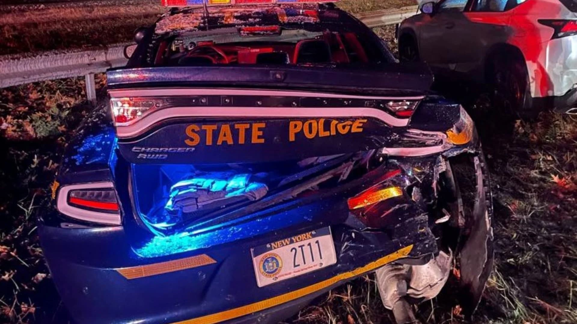 3 injured as state police car hit by out-of-control vehicle